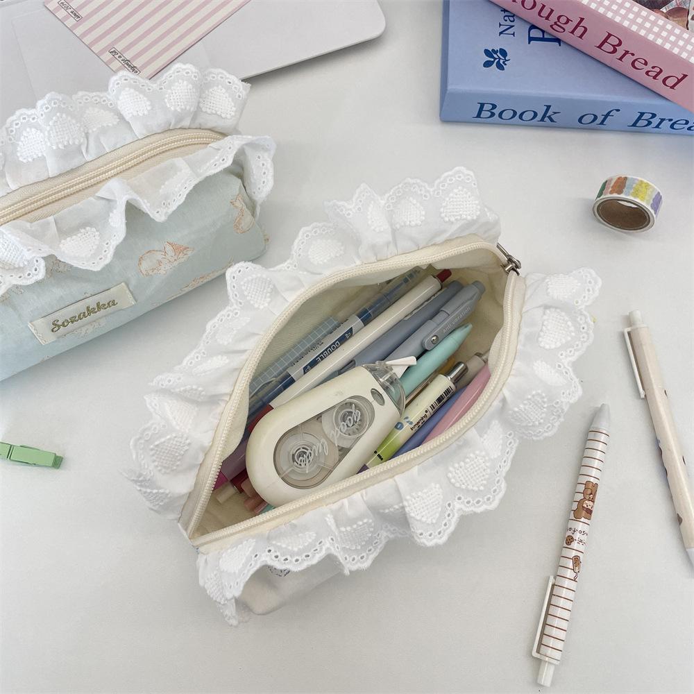 Sweet Lace Ladies Clutch Cosmetic Bags Cute Cat Prints Women's Portable Storage Bags Candy Color Large Capacity Girl Pencil Case
