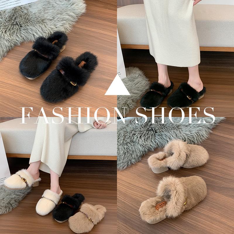 Mao Mao slippers women's wear 2025 autumn and winter new rabbit hair half slippers Muller shoes Mao Mao shoes home cotton slippers