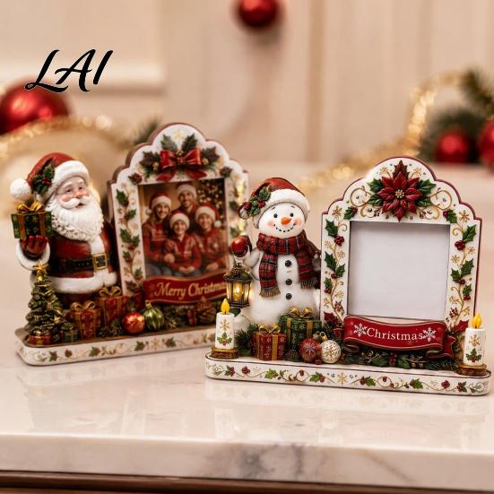 Poplar Wood Photo Frame Christmas 2D Wooden Picture Frame Painted Snowman Santa Xmas Rustic Tabletop Decoration Decor Keepsake Ornament Holiday