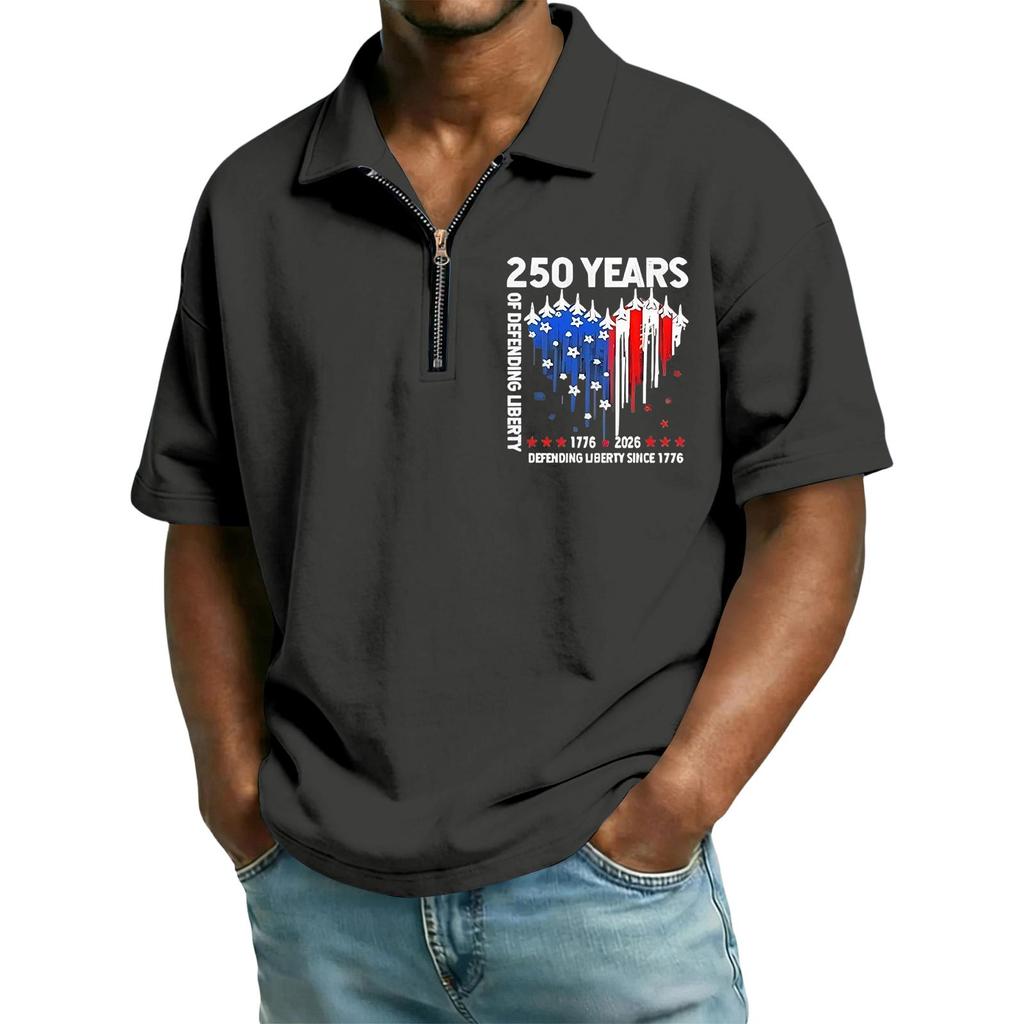 Men's Casual Loose Fit Polo Shirt Short Sleeve Top with Flag and Letter Print Suitable for Everyday Wear and Outdoor Activities