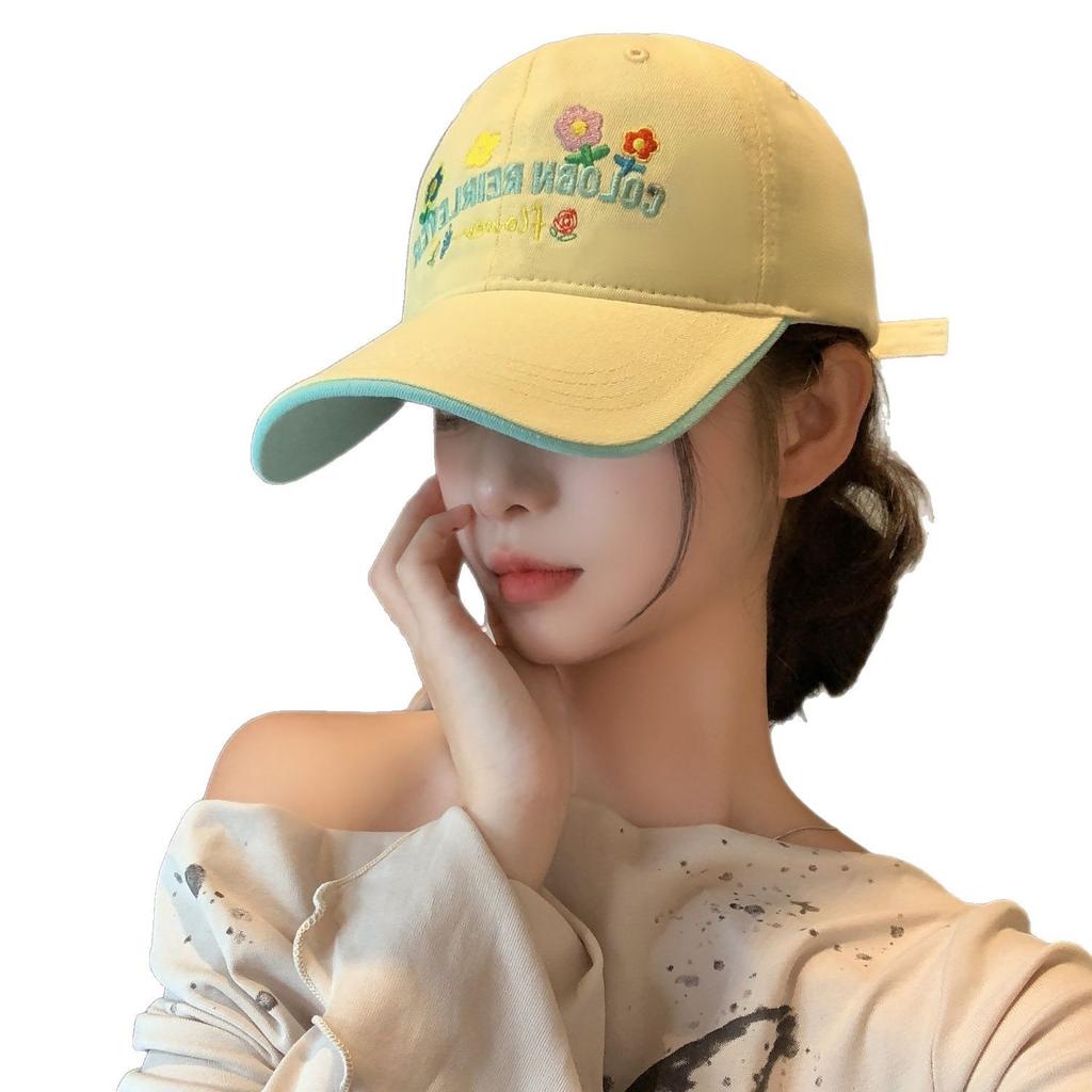 New Flower Yellow Letter Embroidered Baseball Cap Female Sweet Versatile Soft Top Big Head Circumference Showing Face Ducktongue