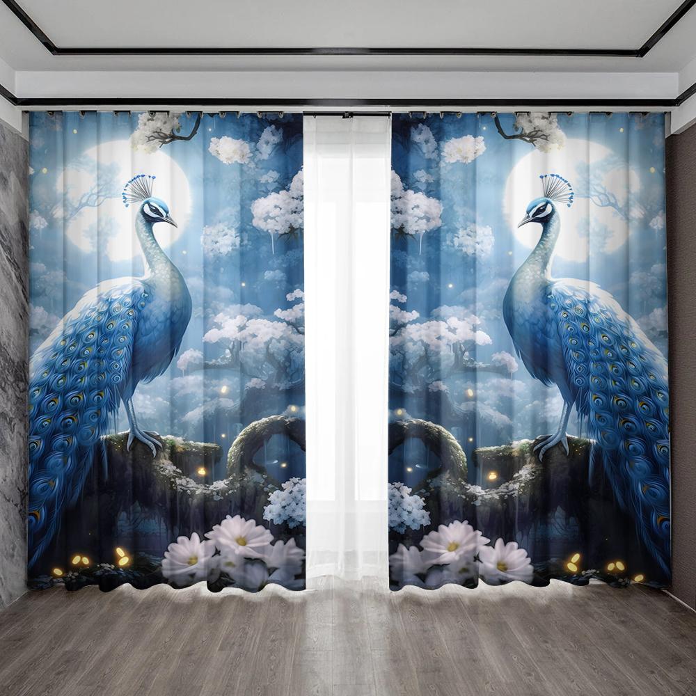 2PC Home Decoration Curtains, Peacock Background With Rod Pocket Curtains, Kitchen, Coffee Shop, Living Room, Balcony, Garden