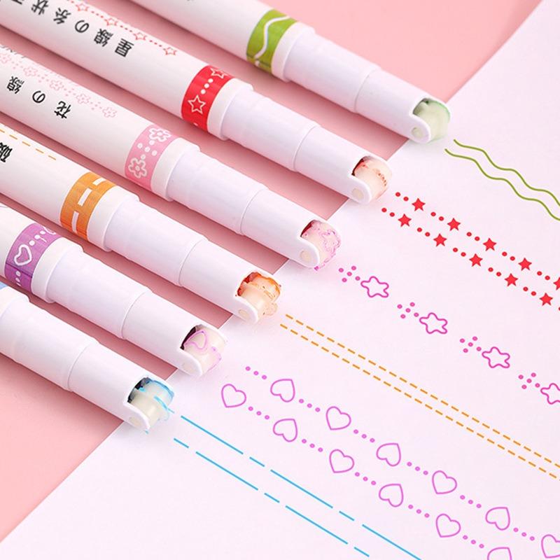 6 Pc/Set Flower Shape Outline Wavy Line Highlighter Pens Dual-Side Writing Markers Pens For Kids Students Journal Doodling