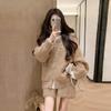 Women's French Retro Khaki Sweater Cardigan & Knit Shorts Set - Zipper Jacket Style for Autumn/Winter Casual Fashion.