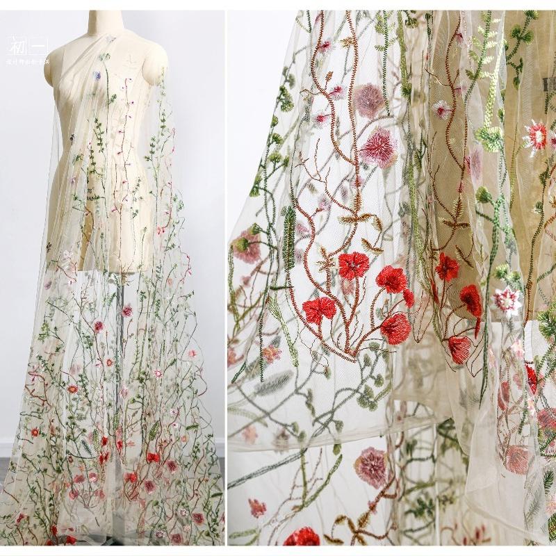 

Ткань с вышивкой в виде виноградной лозы в лесном стиле, градиентная вышитая сетчатая ткань для шитья, для вечерних, свадебных платьев, для самостоятельного изготовления одежды, юбок 100x130cm