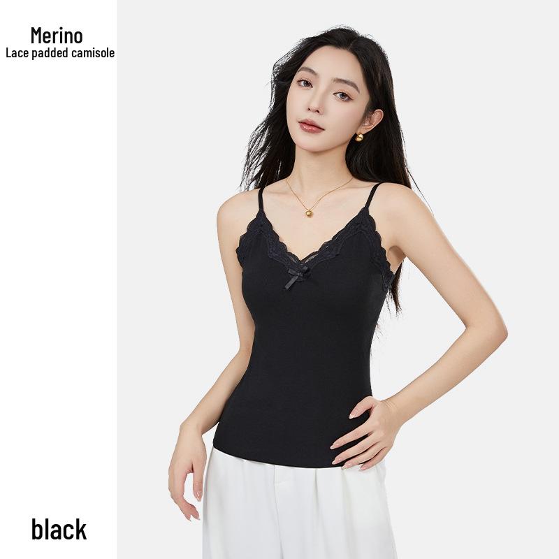 Women's Lace Camisole with Bow & Chest Pads - Warm Velvet-Lined Sleeveless Top for Autumn & Winter