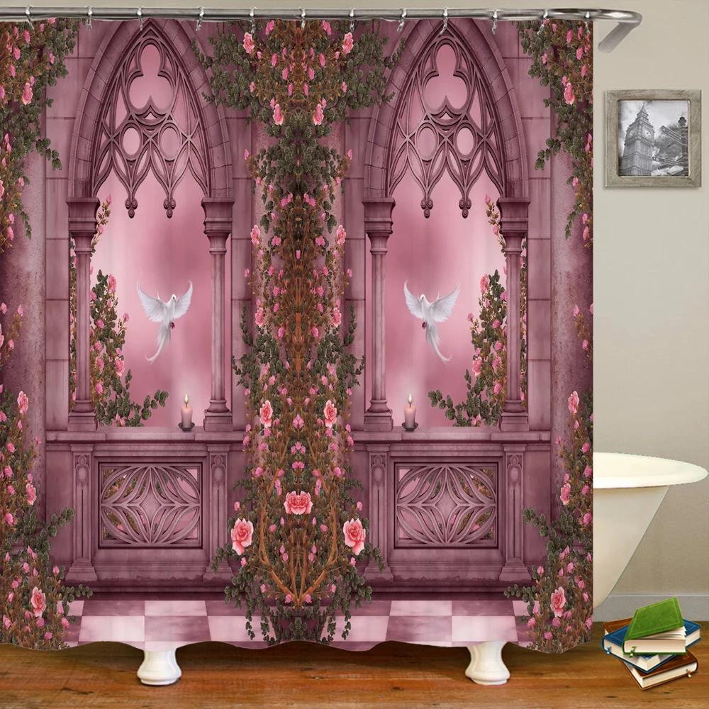 3D Waterproof Fabric Shower Curtains European Style Arched Flower Printed Bath Curtain Large 240X180 With Hooks Bathroom Screen