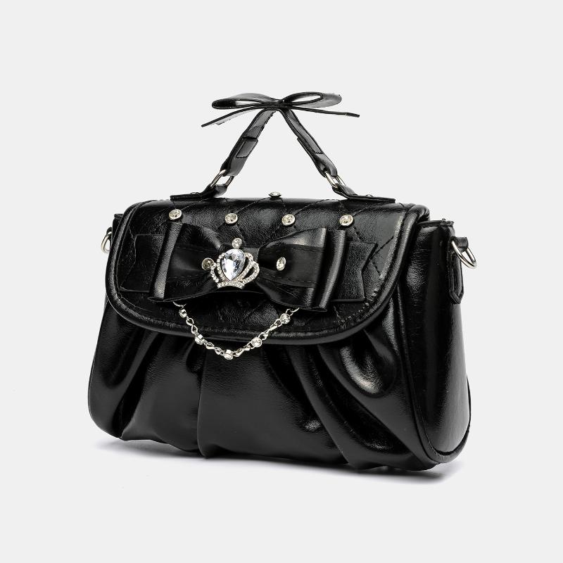 Elegant Pink Bow Rhinestone Underarm Bag Sweet Lolita Pleated Shoulder Bag Portable Bow Handle Handbag Cute Ita Purse