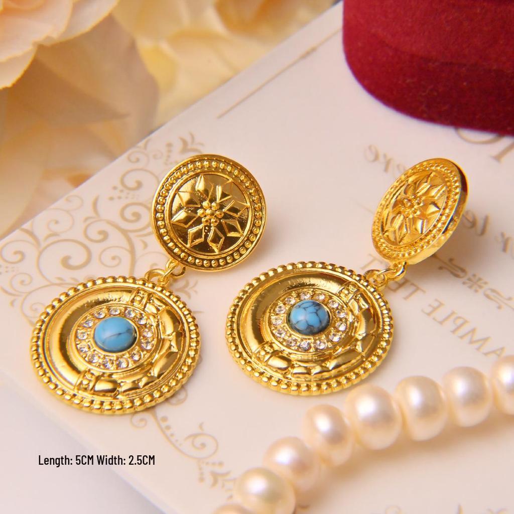 French Turquoise Diamond Dangle Earrings: Personalized Niche Retro Stud Design for Women