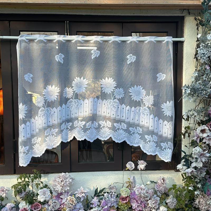 Countryside Style Sunflower Embroidery Half Curtain Kitchen and Bathroom Curtain Lace Decoration Window Sill Beautification Gauze Curtains Rodless 160*100cm