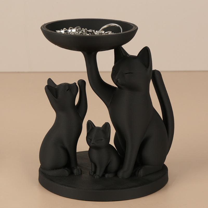 Whimsical 3D Printed Black Cat Family Storage Tray - Set of 3 Cats for Jewelry & Keys