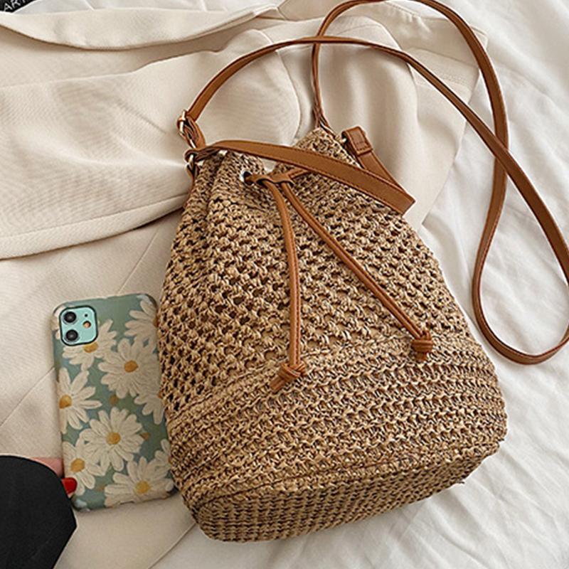Yaz Örgülü Hasır Kova Çanta Kadınlar Için Basit İpli Plaj Omuz Crossbody Çanta