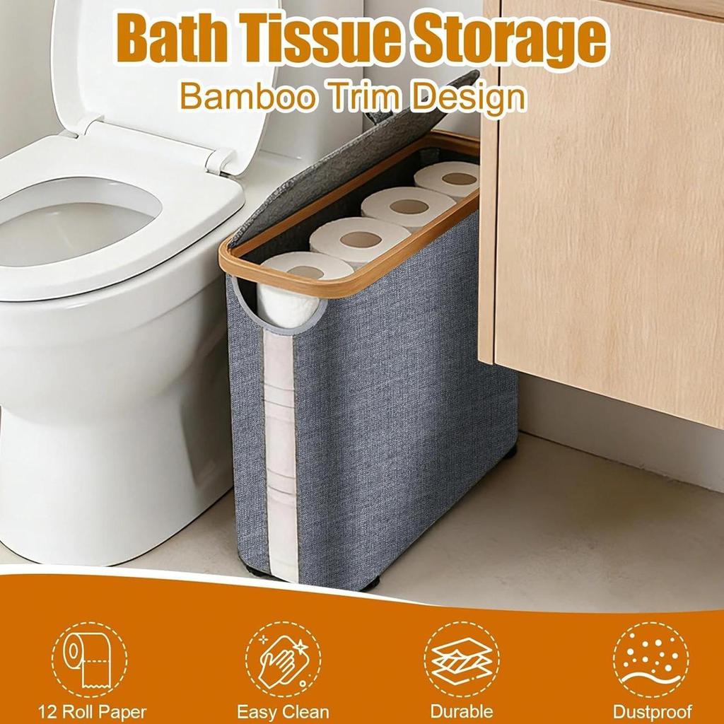 Free Standing Toilet Paper Basket Foldable Organizer With Lid & Handle Holds Up To 12 Rolls For Home Bathroom Living Room