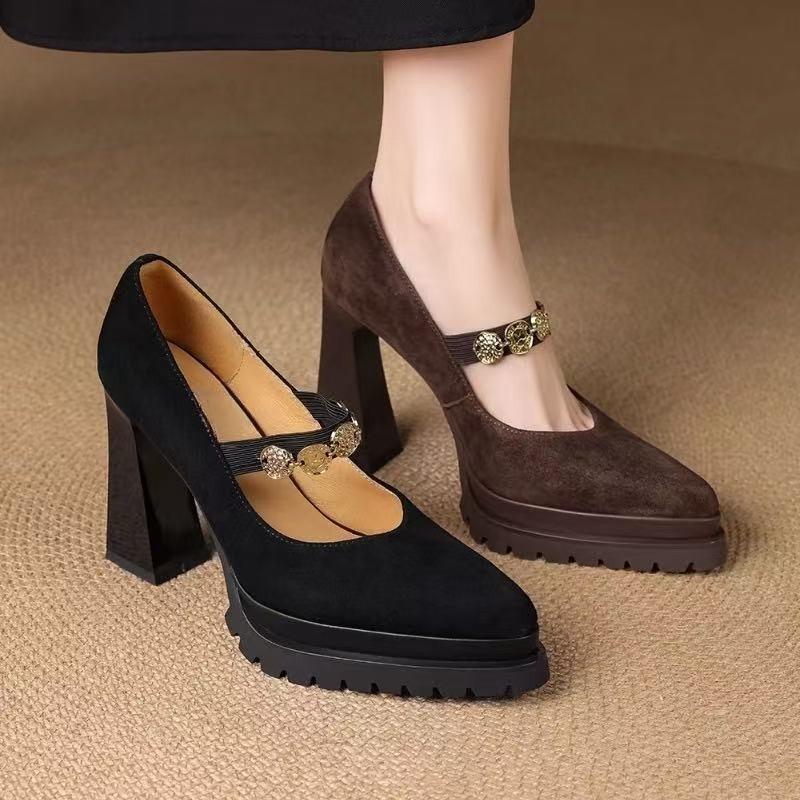 Fashion Platform Metal Buckle Foot Anti-slip Wear-resistant High Heels Autumn New Pointed Toe Shallow Mouth Anti-slip Single Shoes