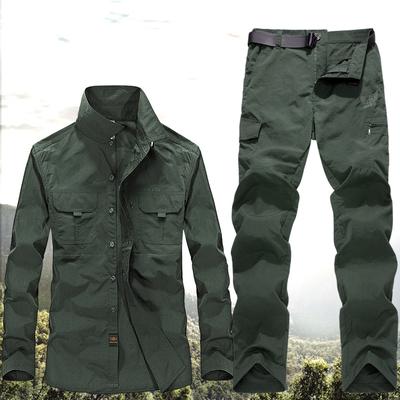 Spring and Autumn Plus Size Men's Button Quick Dry Jacket + Comfortable Trousers Outdoor Mountaineering Clothing Sportswear Workwear Two Piece Set