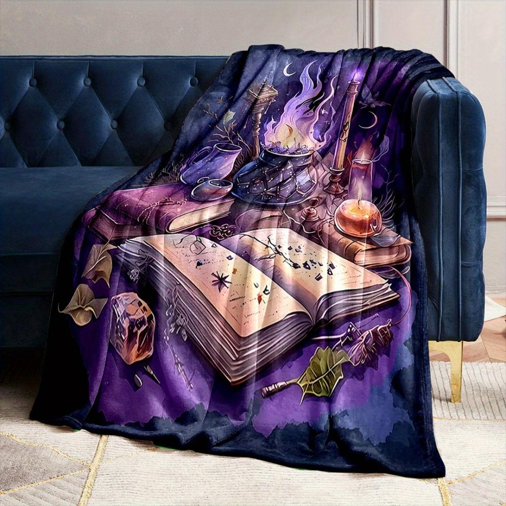 1pc Purple Halloween Blanket Witch Magic Book Potion Print Skin-Friendly Blanket  New for Birthday Gift Halloween Decoration