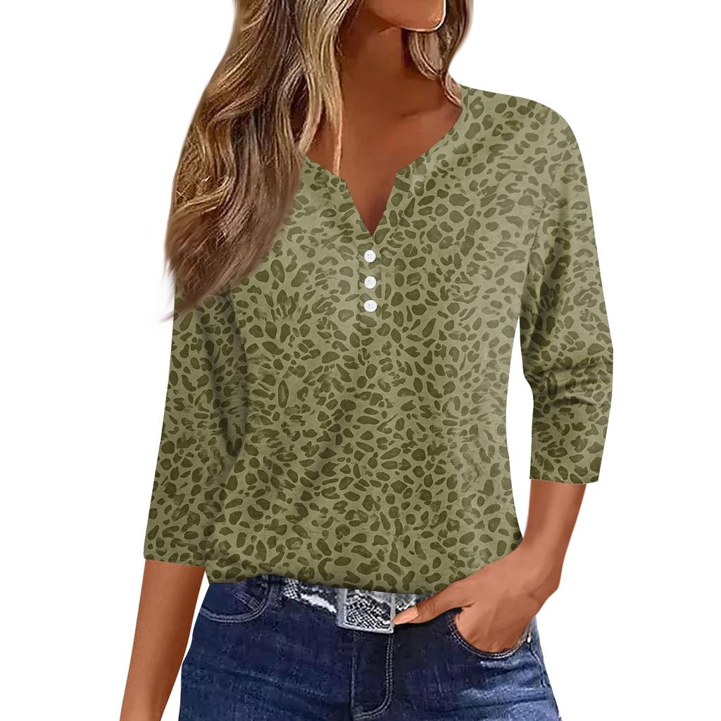 Women's Casual V-Neck Leopard Print 3/4 Sleeve Button T-Shirt Top