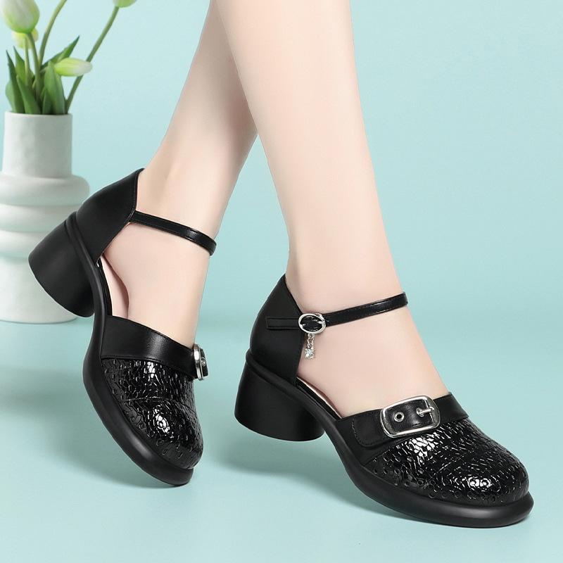 4cm Vintage Round Head Breathable Cutout Buckle Hole Shoes Summer Platform Sandals 2025 Med Block Heels Leather Sandals Office