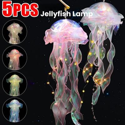 5PCS Jellyfish Bedroom Night Light Lamp Button Battery Hanging Atmosphere Decoration Lamp with Ribbon&Bead for Girl Bedroom