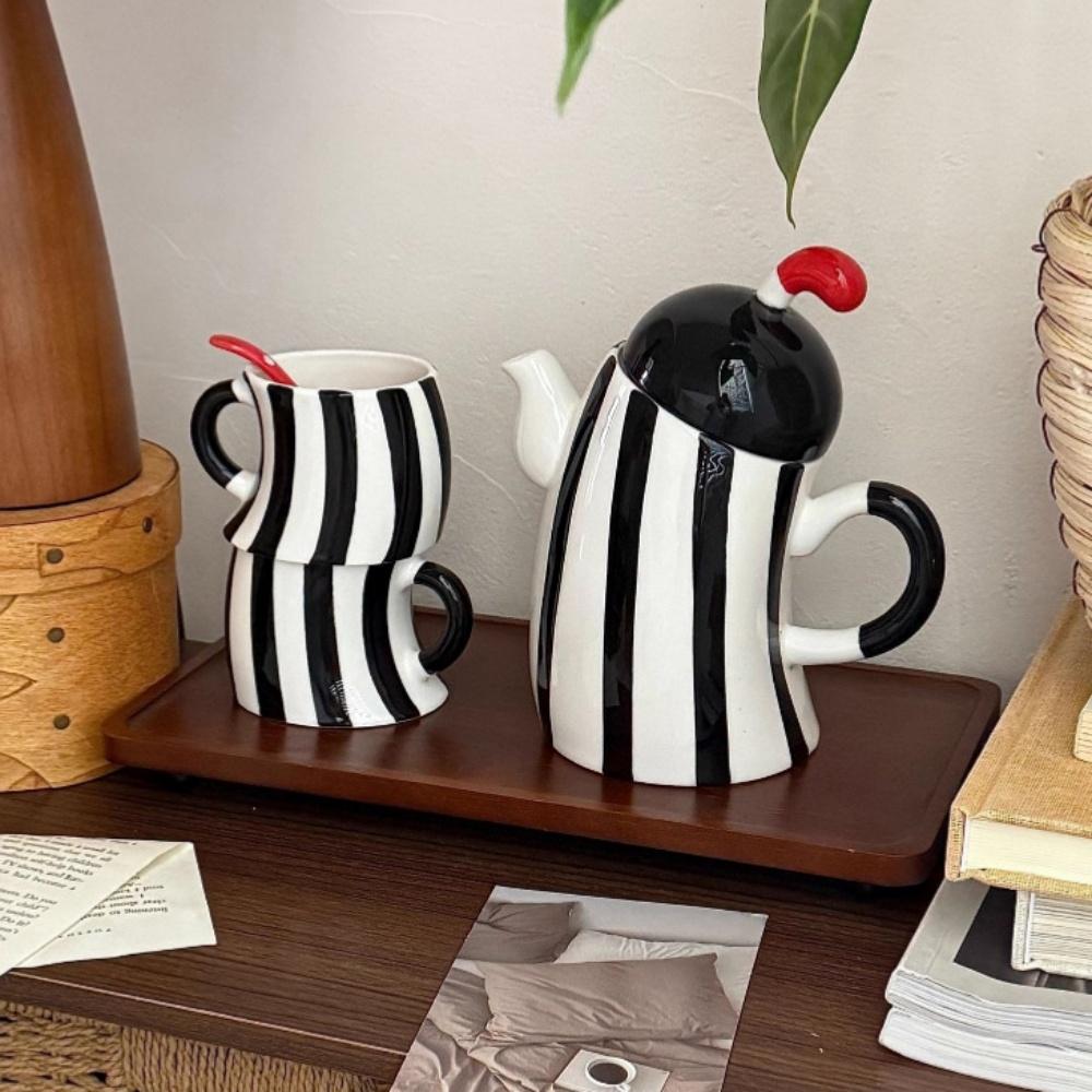 Juego Creativo de Cerámica Rayada Retro para Té y Café - Set Negro y Blanco para Uso Doméstico, Regalo de Inauguración de Casa o Cumpleaños