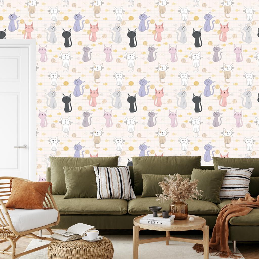 Kittens and Fish Wallpaper for Living Room and Bedroom 50x1000