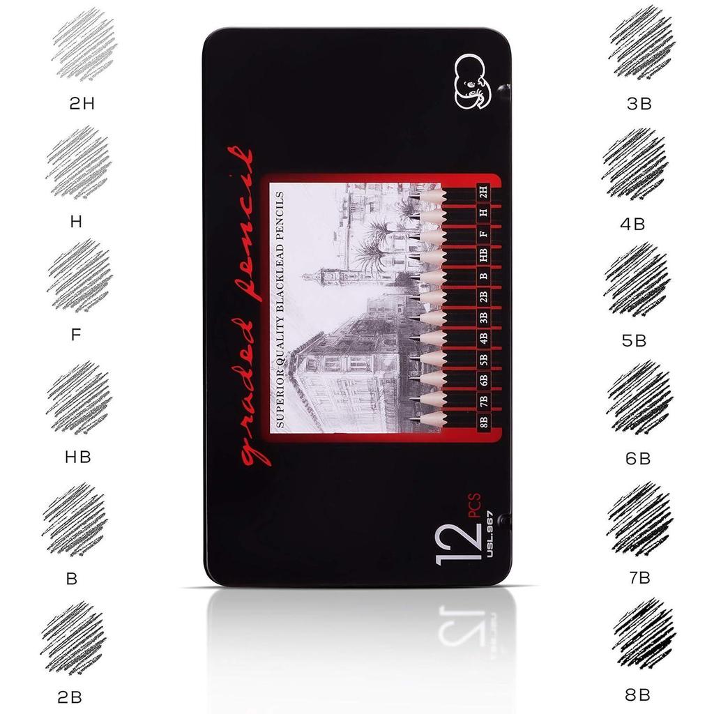 Umělecké tužky na skicování, kreslení, umělecká sada 12 kusů s kovovým pouzdrem B 2B 3B 4B 5B 6B 7B 8B HB H 2H F