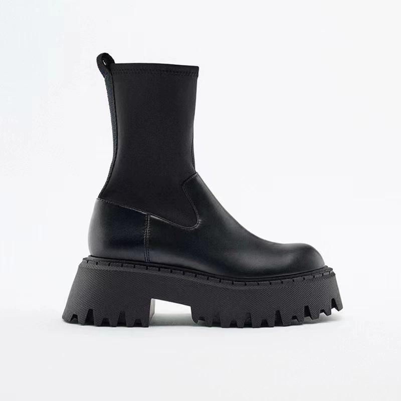 Black Chunky Platform Ankle Boots Elastic Sock Design Round Toe Side Zipper Thick Lug Sole Women'S Edgy Goth Style Footwear
