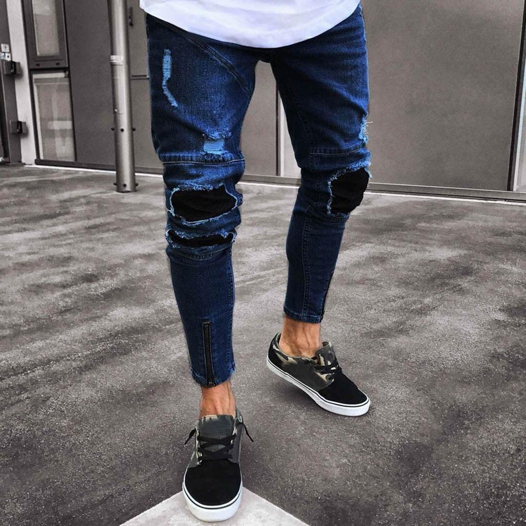 Men Slim Biker Zipper Denim Jeans Skinny Frayed Pants Distressed Rip Trousers