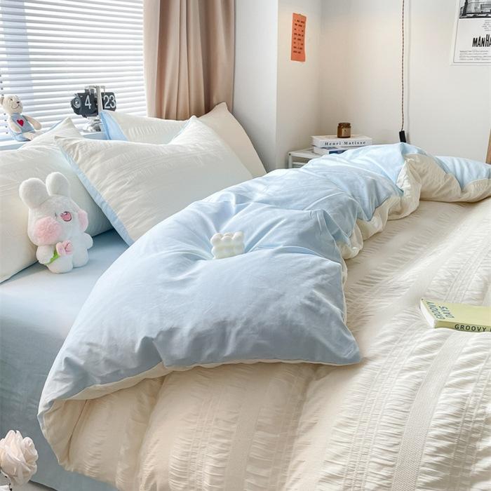 Washed Cotton Four-piece Set, Simple Bed Sheet Quilt Cover, Dormitory Pure Cotton Solid Color Three-piece Set