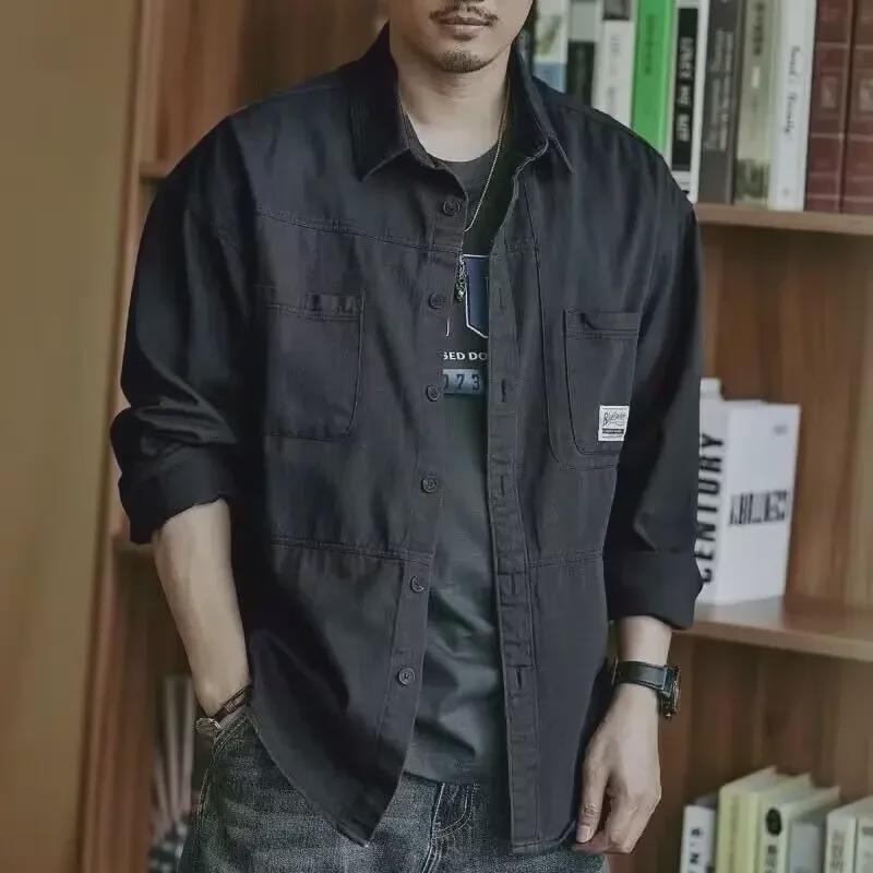 Men's Japanese-Style Washed Long Sleeve Work Shirt - Trendy Casual Autumn Jacket