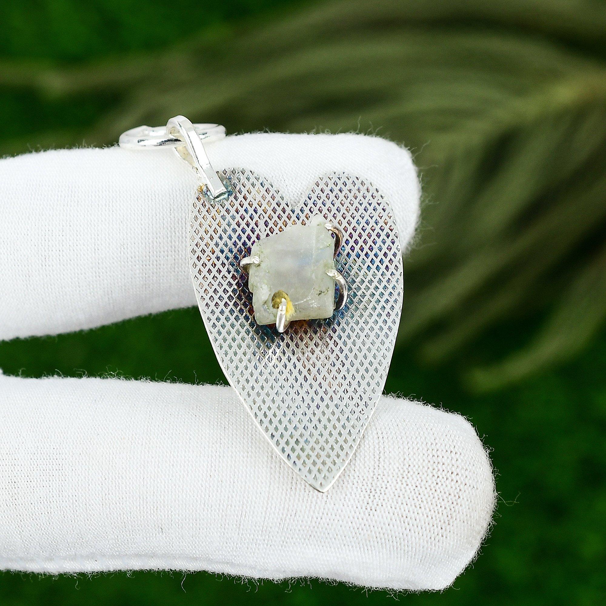 

Sisters Day Sale Crown Chakra Natural Rainbow Moonstone Rough Pendant 925 Silver