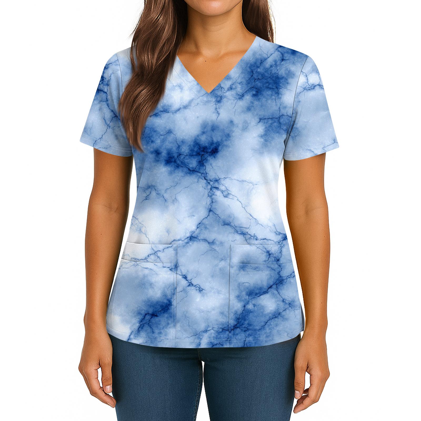 

Женский топ с градиентным принтом, V-образным вырезом, двойным карманом, короткими рукавами, разрезом по низу, униформа для ухода XXXXL