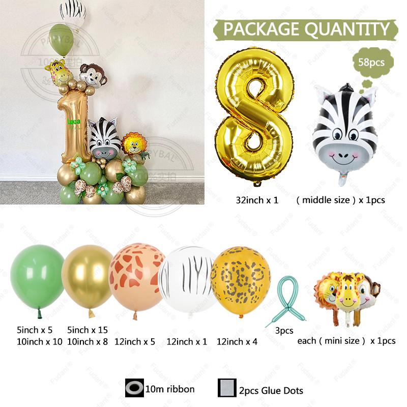 58pcs Wild Jungle Party Theme Gold Number 1-9 Balloon Garland Kit Birthday Baby Shower Gender Reveal Party Supplies Decorations