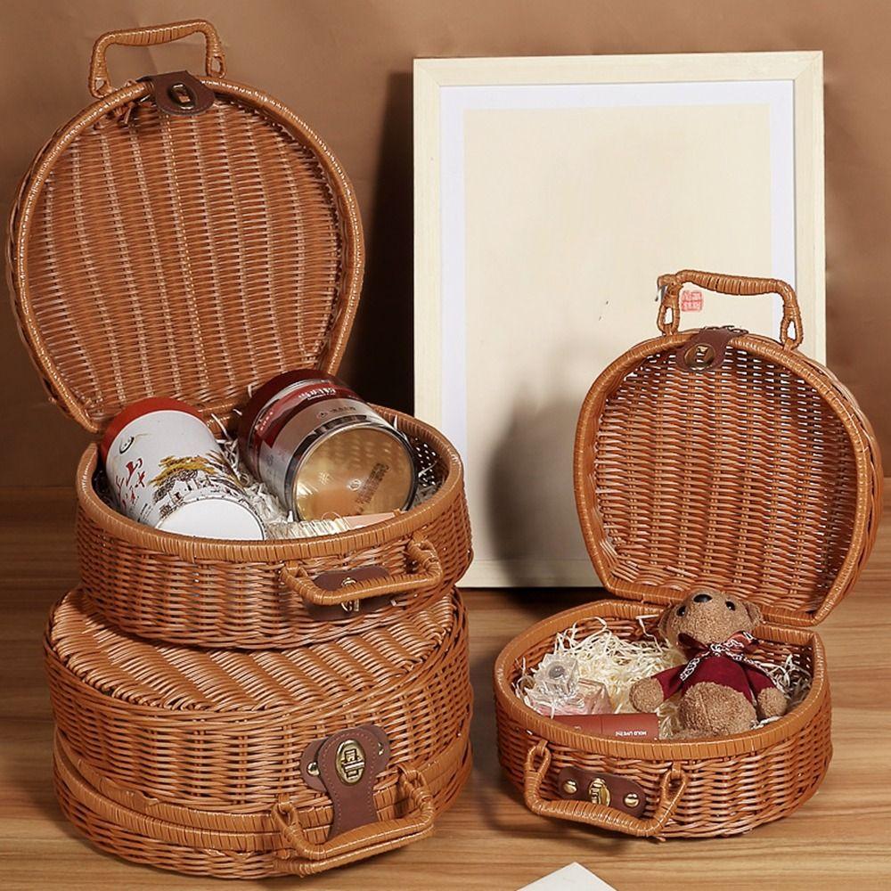 Vintage Round Wicker Suitcase Large Capacity Handmade Picnic Basket Anti-impact Dust-proof Sundries Organizer for Home