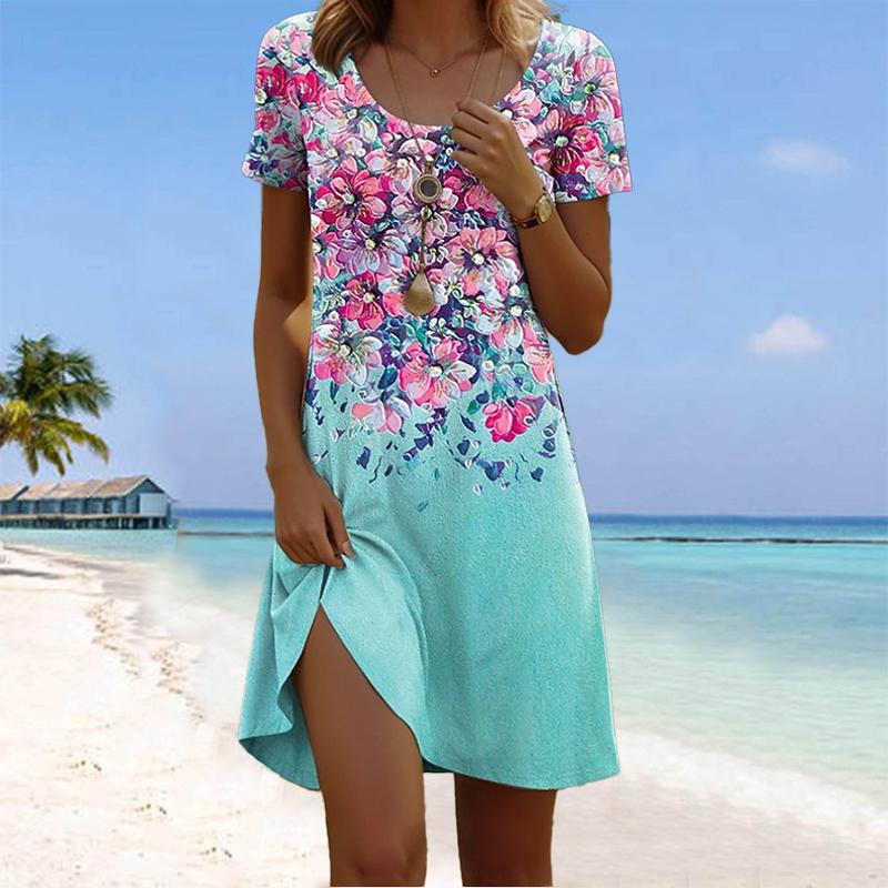 Women's Fashion Graceful Retro Flower Print Summer Spring Short Sleeve O-Neck Casual Dresses