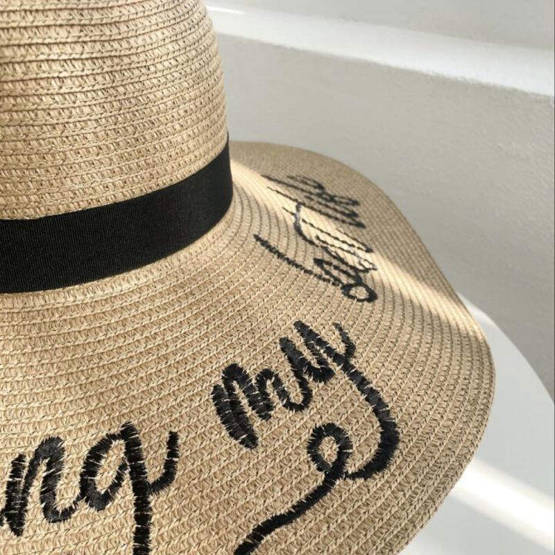 Versatile straw hat women's large brim floppy disk hat summer beach vacation wind letter sunshade sun protection hat