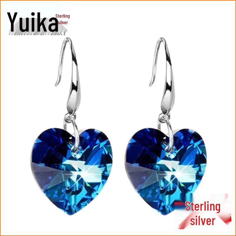 Korean Ocean Heart Blue Crystal S925 Silver Women's Earrings