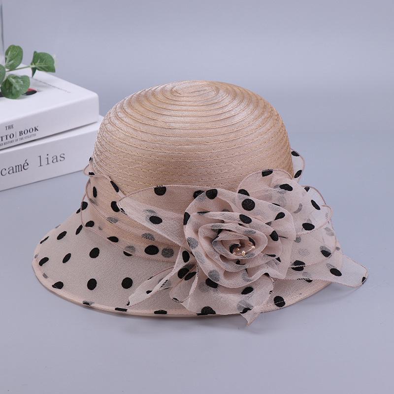 Polka Dot Top Hat Women's Summer Dome Organza Flower Socialite Style Foldable Fisherman Hat Sun Protection Large Brim