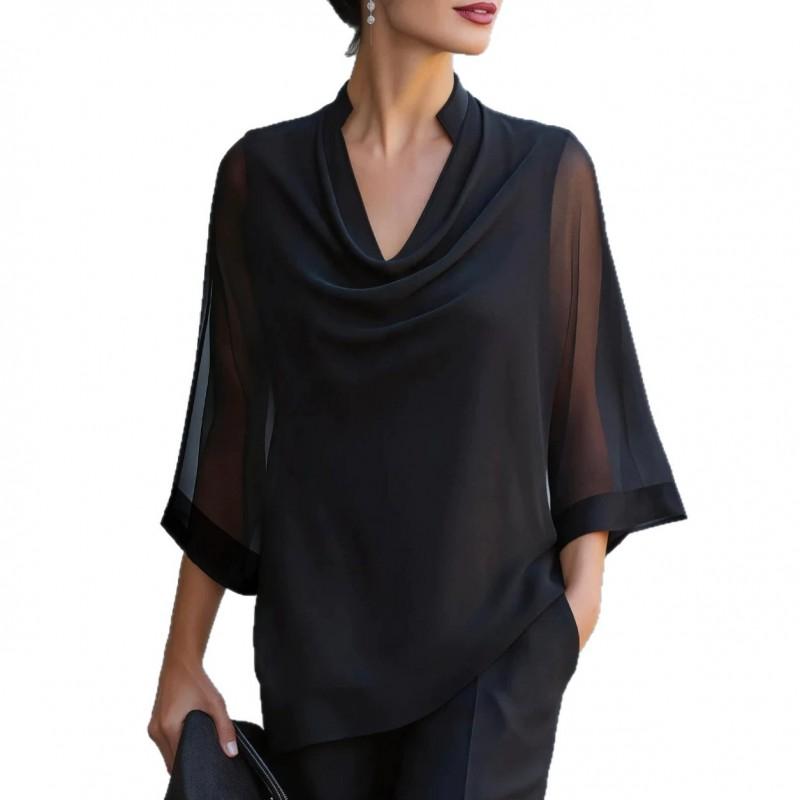 2026 Womens Flowy Chiffon Blouse With Wide Neckline Loose Fit Casual Shirt