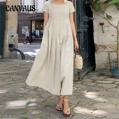 Sommerkleid für Damen aus Baumwolle und Leinen, Übergröße, großes Swing-Sonnenkleid, kurze Ärmel, quadratischer Ausschnitt, elegante lässige lange Kleider