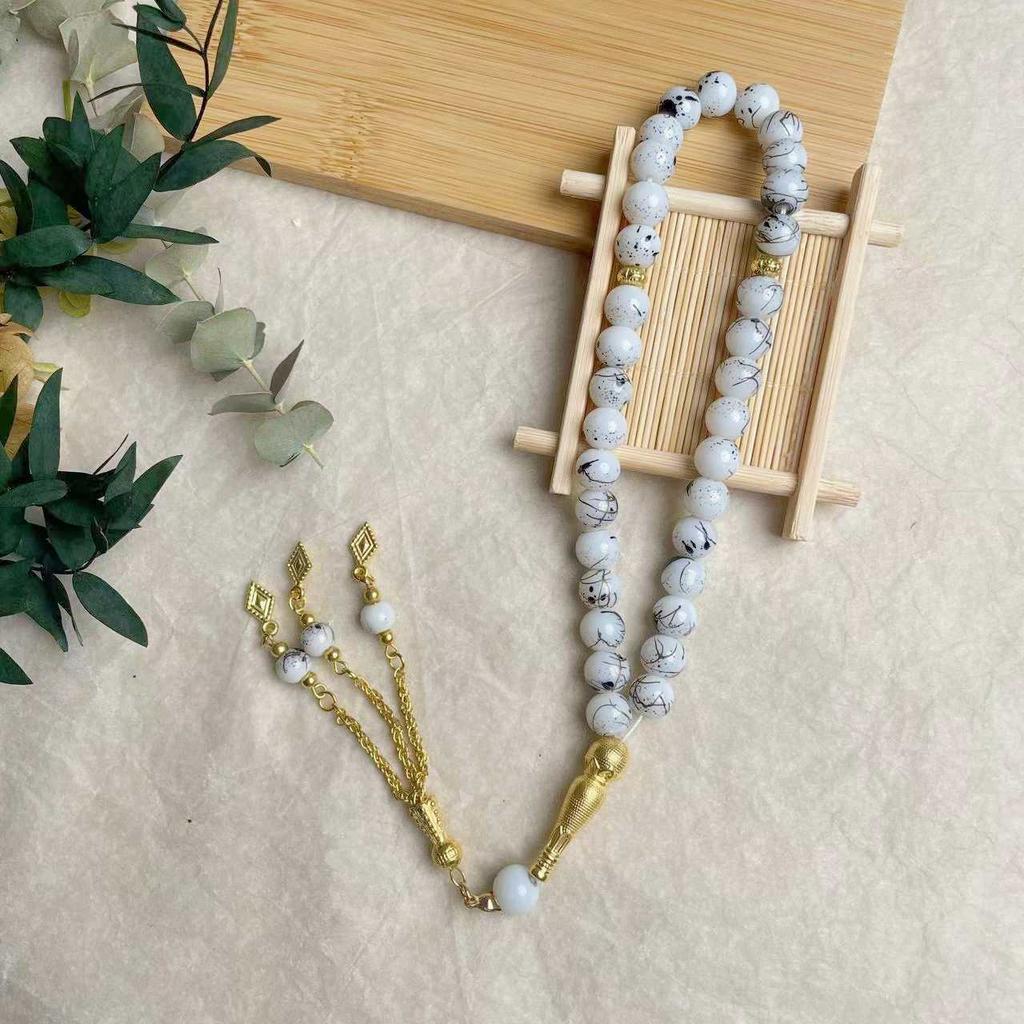 33 Beads Flower Glass Tasbih with Golden Tassel, 10mm Large Prayer Beads for Muslim Worship, Ramadan Gift for Family Friends