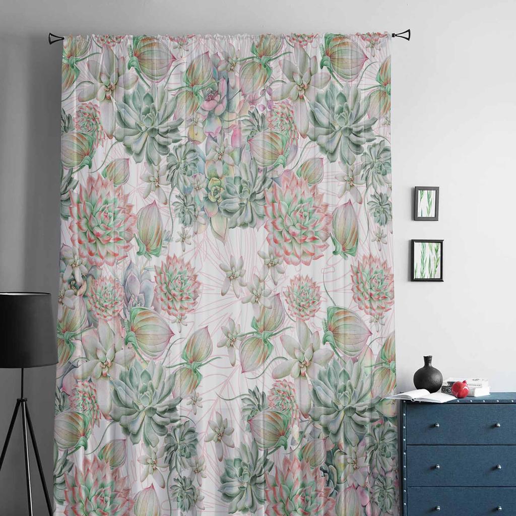 Summer Watercolor Tropical Plants Voile Sheer Curtains Living Room Window Tulle Curtain Kitchen Bedroom Drapes Home Decor