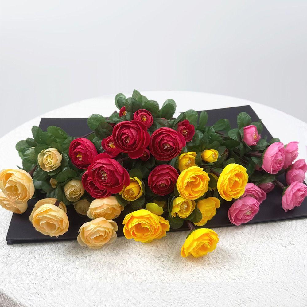 Multicolor Small Camellia Artifical Flower Silk Petals Floral Arrangement Decorative Flower Green Leaves Photo Props