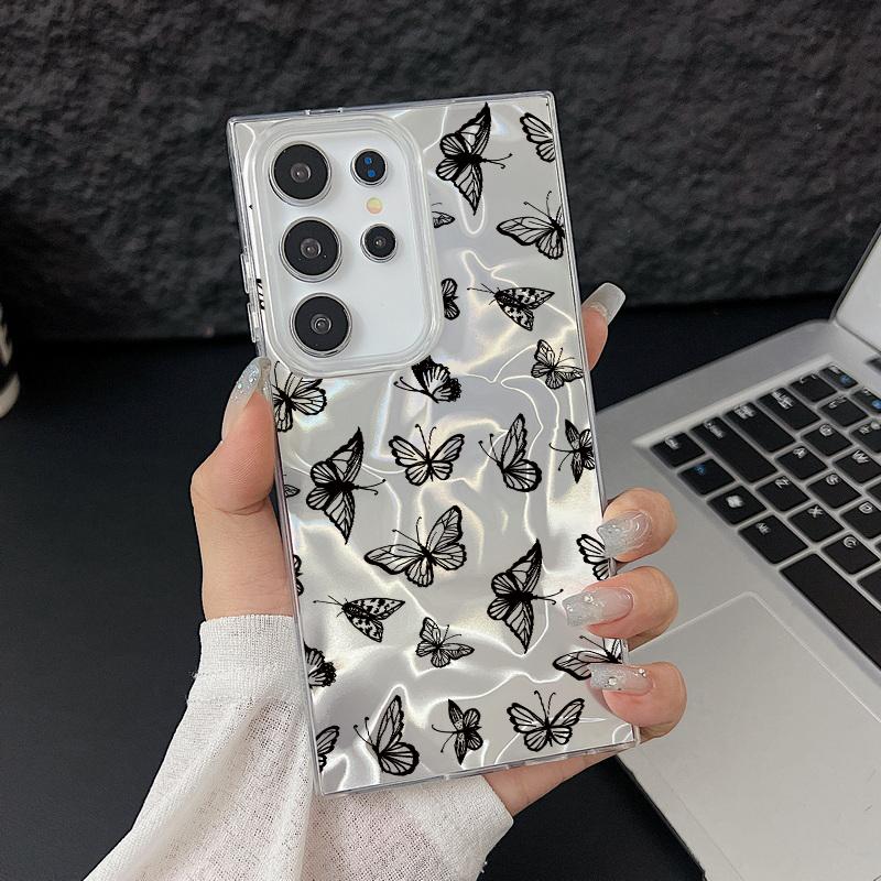 Black Butterfly Print Glitter Glossy Phone Case For Samsung S25 S24 FE S23 Ultra A56 A36 A55 A16 A15 TPU PC Hybrid Shockproof Slim Clear Bumper Cover
