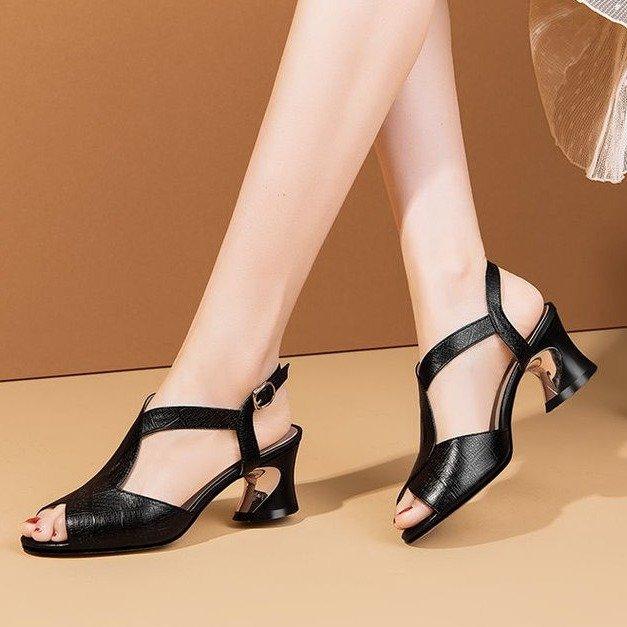 

Women s Soft Leather Sandals Low Heel Summer Hundreds of Medium Heel Chunky Heel Outer Wear Soft Bottom Rear Trip Strap Shoes 41 чорний