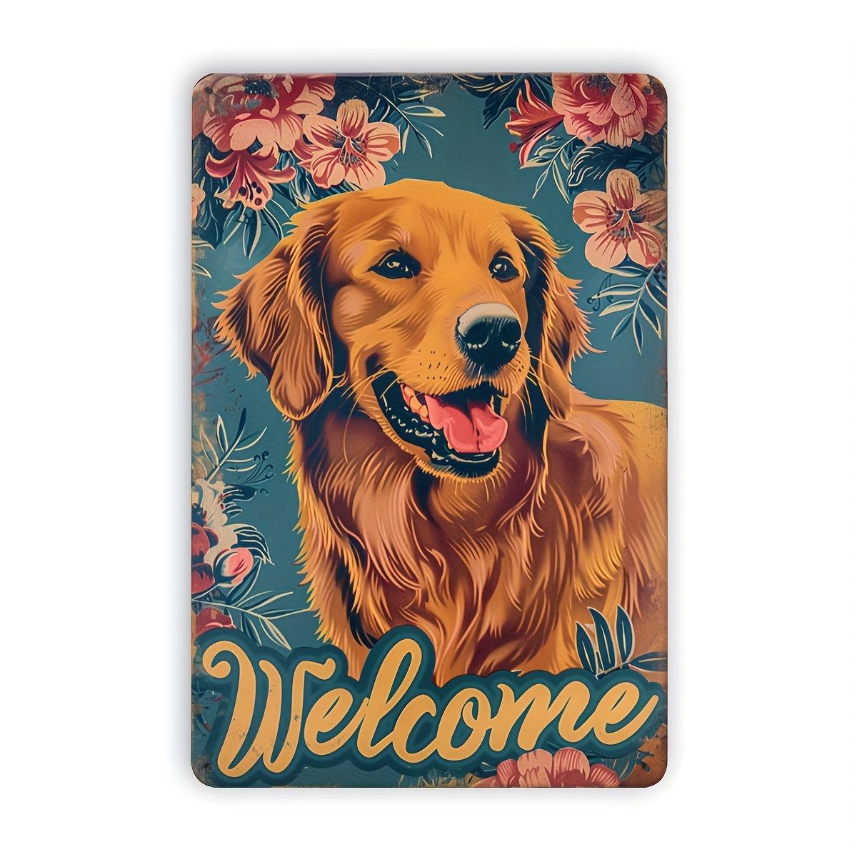 

1pc Vintage Golden Retriever Dog Welcome Sign, Iron Metal Tin Wall Art, Floral Background, Home & Garden Decor, Cafe Bright Warm 20x30cm（7.8x11.8inch）