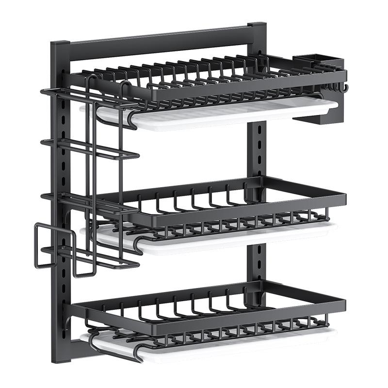 Wall-Mounted Punch-Free Kitchen Dish & Plate Rack with Bowl and Chopstick Storage