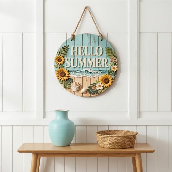 Handcrafted Wooden Wall Decor Natural Autumn/Summer Pendant with Hanging Rope for Front Door, Creative Rustic Entrance Door Sign Welcome Sign,