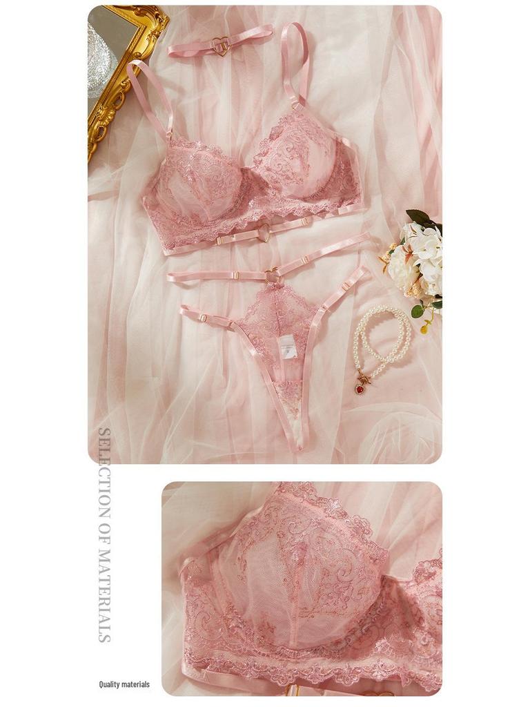 French Pink Sexy Lace Push-Up Lingerie Set for Women - Ultra-Thin, Comfortable, Semi-Transparent Mesh