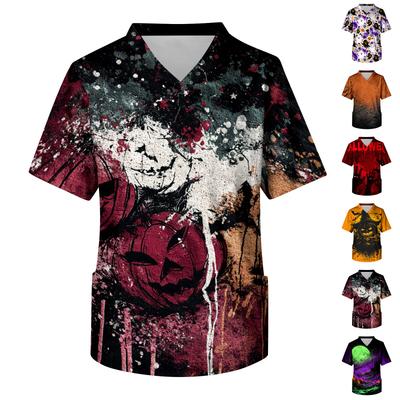 Men's V Neck Short Sleeve Halloween Print Medical Scrub Top with Chest Pocket and Two Lower Pockets Suitable for Healthcare Professionals